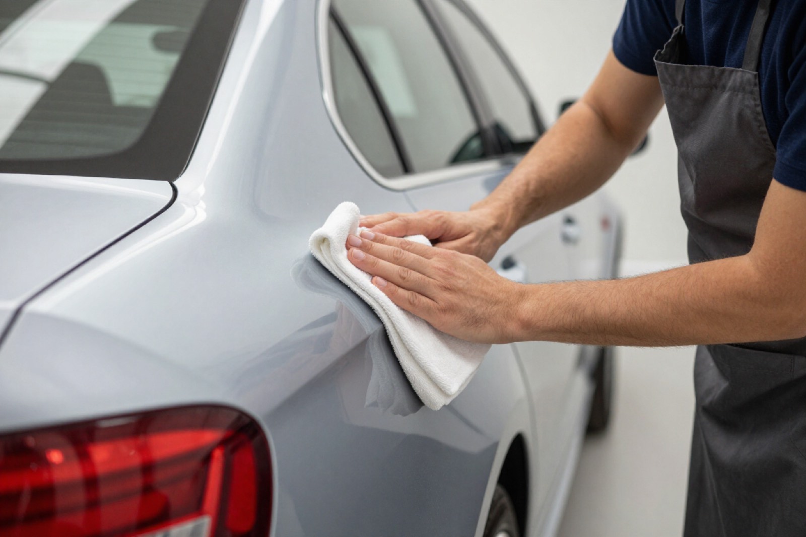 Drying a freshly washed silver sedan with a microfibre towel