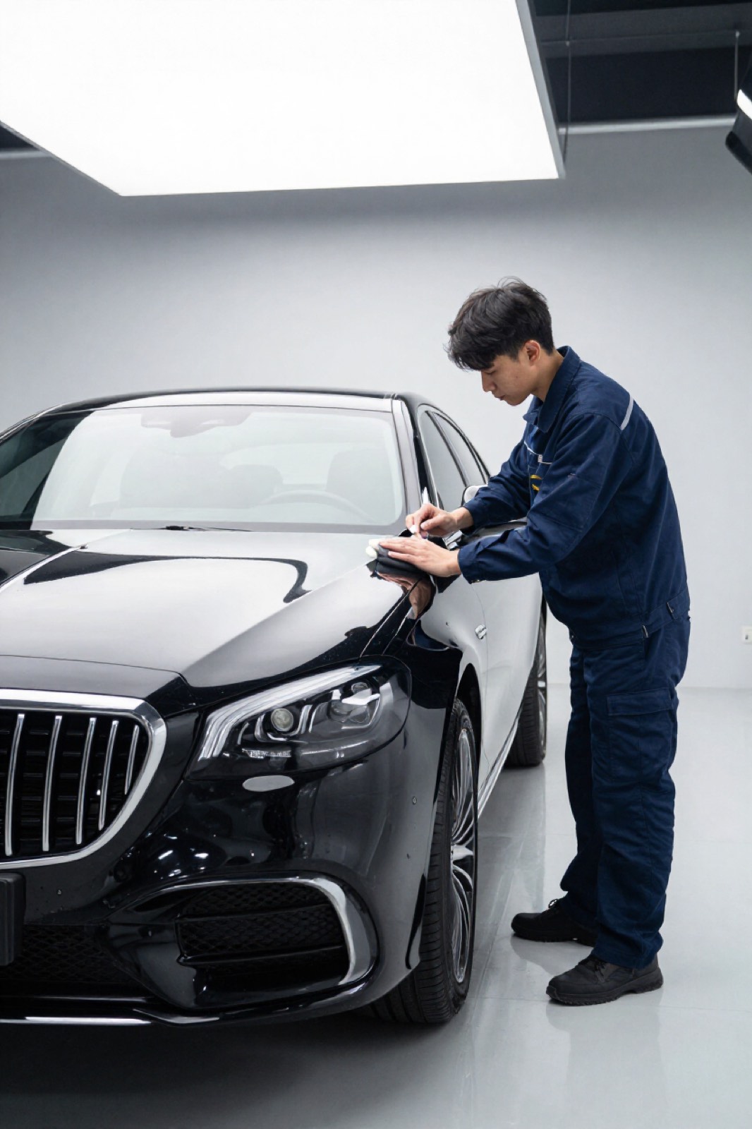 A technician applying ceramic coating to a black Mercedes